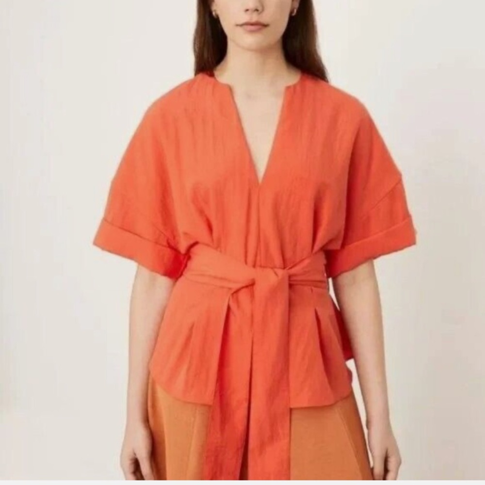 VINCE Cuffed Short Sleeve V-Neck Blouse in Orange Size XS